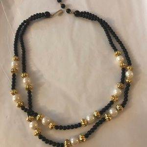 Black Gold and Faux Pearl Double Strand Necklace